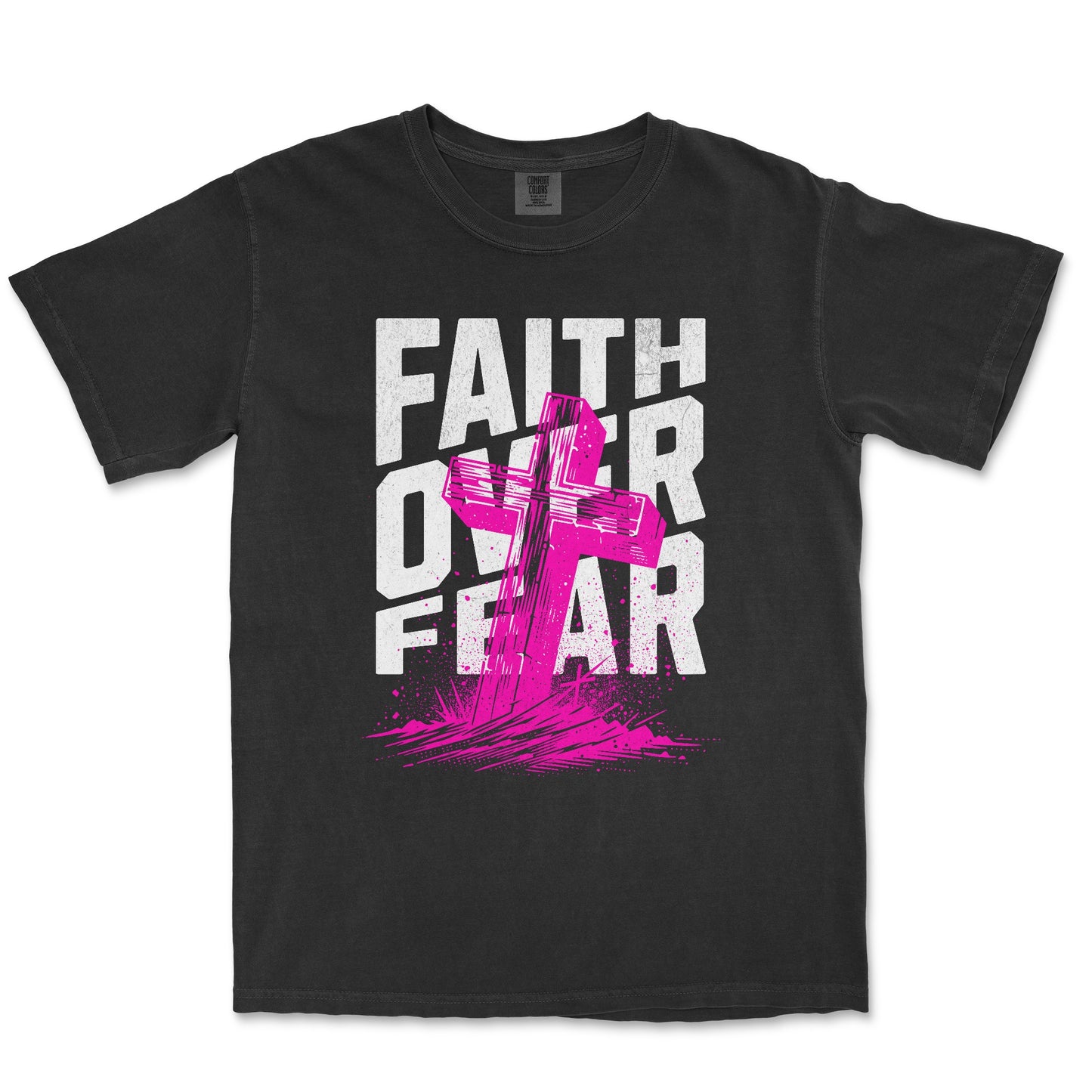 A black short-sleeve t-shirt with a distressed graphic on the front that reads 'FAITH OVER FEAR' in white, overlaid with a bright pink cross and paint-splatter design.